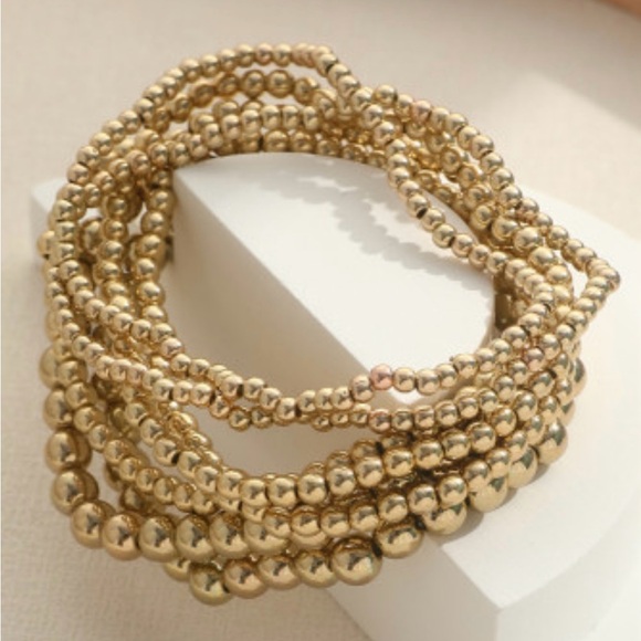 Seven Piece Minimalist Gold Plated Beaded Luxury Bracelet Set - Picture 4 of 4